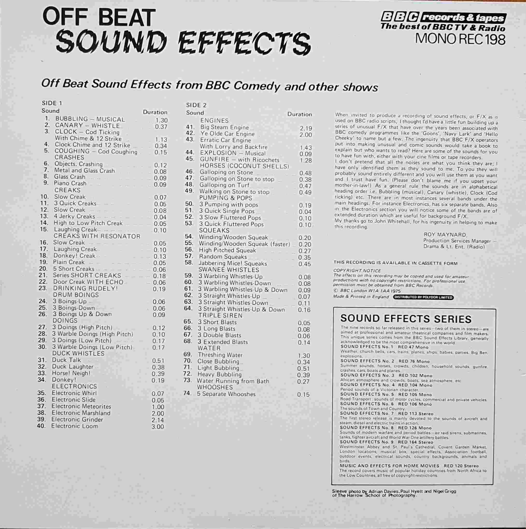Picture of REC 198 Off beat sound effects by artist Various from the BBC records and Tapes library